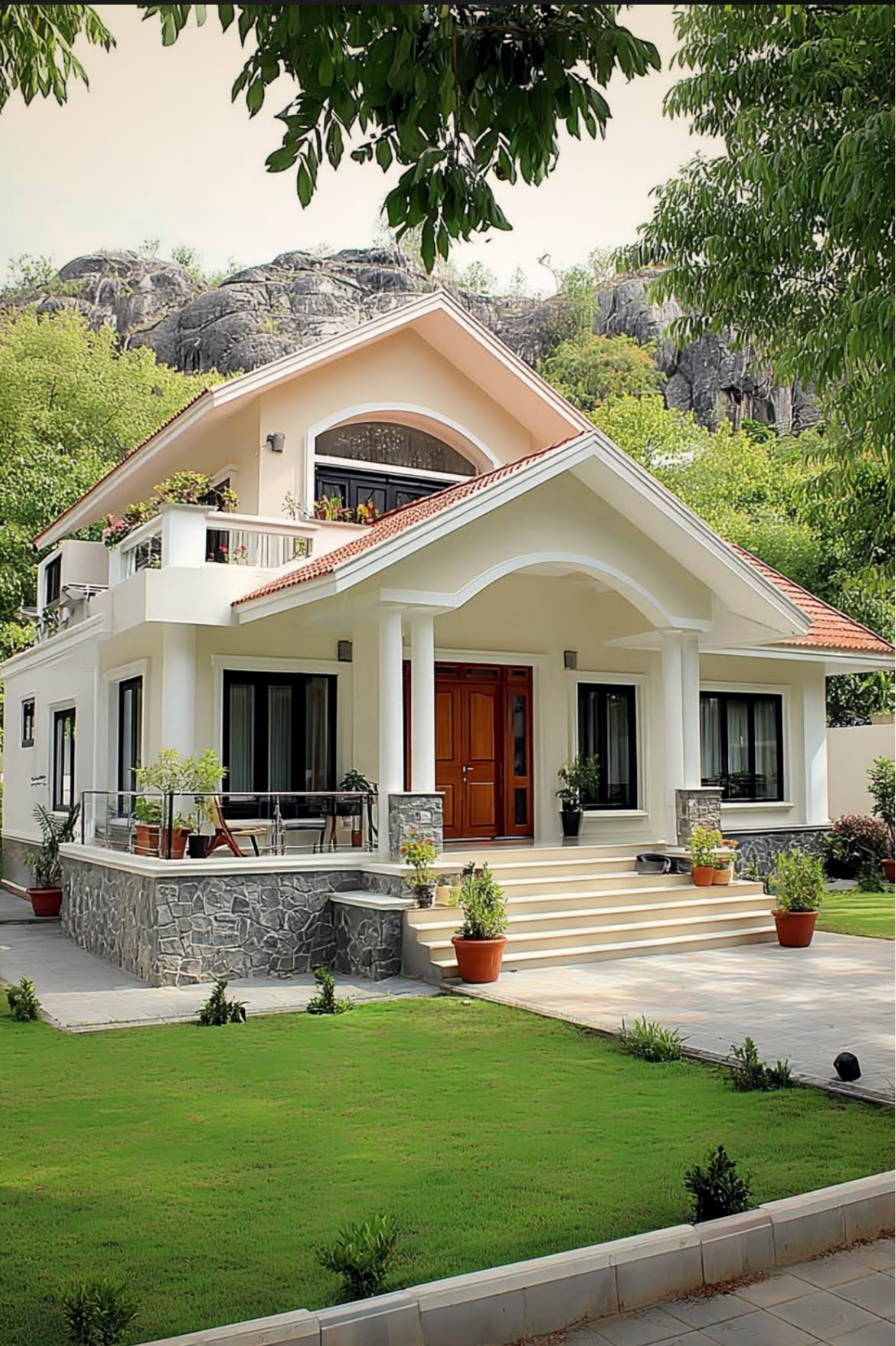The Khongsai Villa — stone-clad pitched-roof home set against the Khasi hills, Shillong, Meghalaya